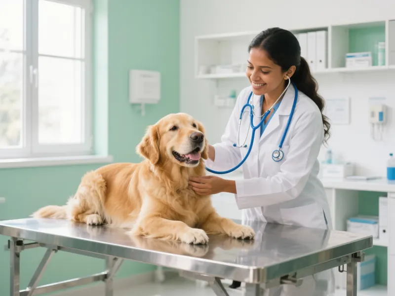 Consulta veterin&aacute;ria geral em Pindamonhangaba: veterin&aacute;ria examinando cachorro golden retriever